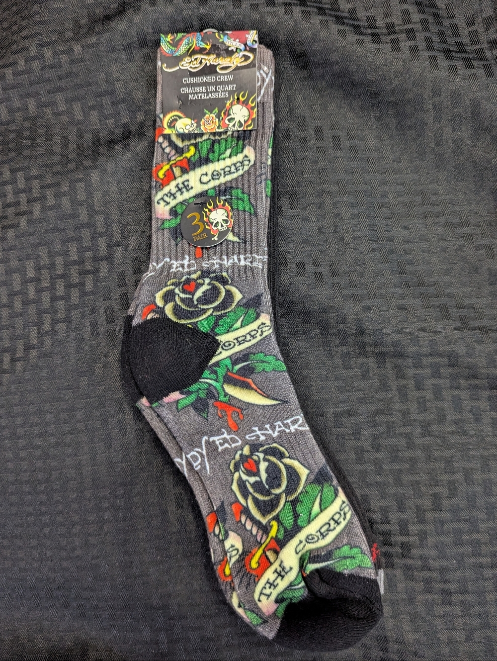 Ed Hardy Gray And Black Rose Cushioned Crew Socks 3pack.